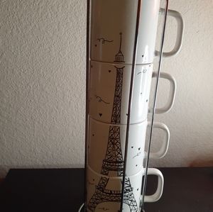 GORGEOUS NEVER USED LETS DINE Stoneware 4-Cup Stacked EIFFEL TOWER Mugs.